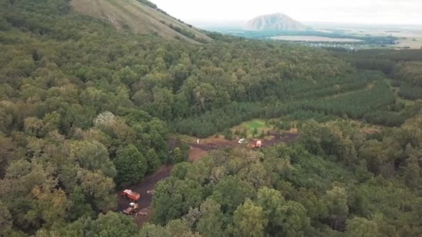 Aerial Perspective Verdant Forest Majestic Mountain Backdrop Showcasing Beautiful Natural — Stock Video