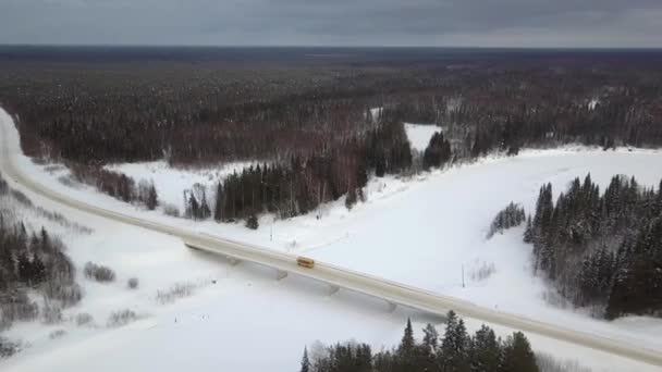 Śnieżna Autostrada Przecina Las Otoczony Białymi Drzewami Krajobraz Naturalny Pokryty — Wideo stockowe