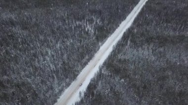 Beyazlarla kaplı karlı bir ormanın içinden geçen bir yolun havadan görünüşü. Huzurlu bir manzara barışçıl ve büyülü bir atmosfer yaratır. Kış Harikalar Diyarı 'nda seyahat, gösterişli güzellikler
