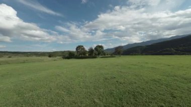 Güzel bir gökyüzünün altında görkemli dağlarla çevrili sakin yeşil bir tarla, doğa severler için ideal.