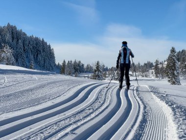 Avusturya 'nın Vorarlberg kentindeki Bregenz Ormanı' nın Hochhaedrich bölgesinde kayak yapan hoş ve aktif yaşlı bir kadın.