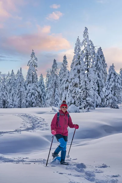 Wanita Senior Yang Baik Dan Aktif Mendaki Dengan Sepatu Salju — Stok Foto