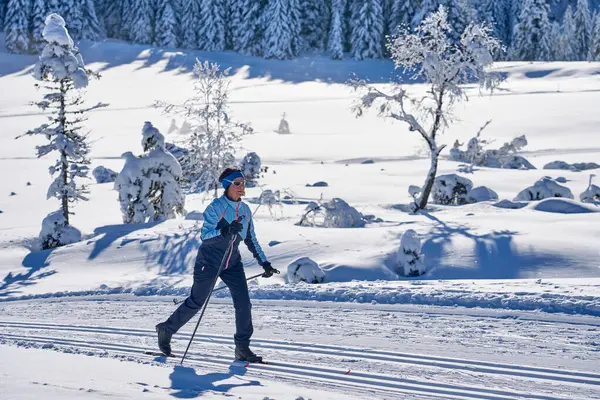 Nice Active Senior Woman Cross Country Ski Hochhaedrich Area Bregenz — Fotografia de Stock