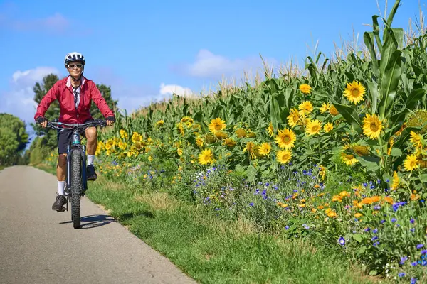 Nette Seniorin Radelt Mit Ihrem Elektro Mountainbike Einem Blühenden Sonnenblumenfeld — Stockfoto