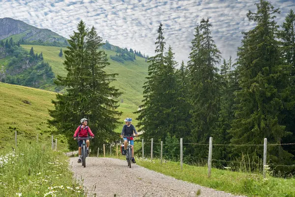 Dos Amigas Mayores Divirtiéndose Durante Recorrido Bicicleta Por Bosque Bregenz — Foto de Stock