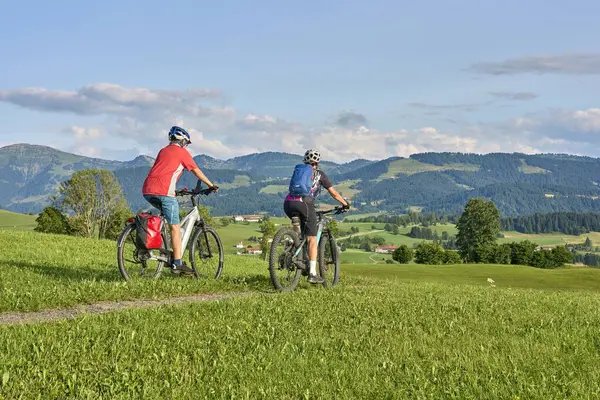 Two Senior Girl Friends Having Fun Cycling Tour Bregenz Forest — Stock Photo, Image