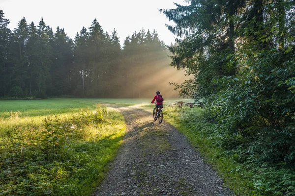 Senior Woman Riding Electrical Mountainbike Atmosperic Morning Sunrise — Stock Photo, Image