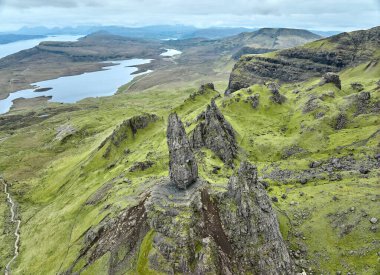 aerial view of the rocky landscape at the Old man of Storr on the Isla of Sky, Scotland, UK