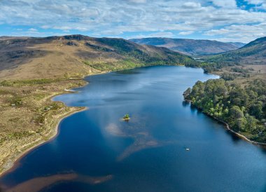 aerial view of Loch Sealbhanach and Loch Mullardoc, a water reservoir with hydro electric power station in  a side Valley of Glen Affric ind the highlands of northern Scotland, UK