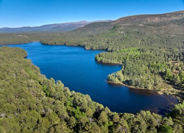 Mountain and Forest landscape at Loch Eilein in the Cairn Gorm National Park near Aviemore in Scotland, UK