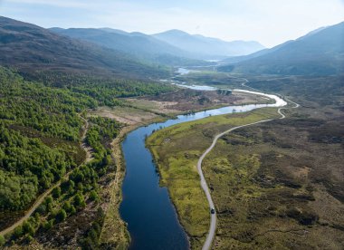 aerial view of Loch Sealbhanach and Loch Mullardoc, a water reservoir with hydro electric power station in  a side Valley of Glen Affric ind the highlands of northern Scotland, UK