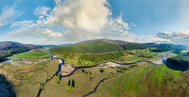 aerial view of the course of Clunie River near Braemar in the Cairn Gorms national Park, Scotland, UK