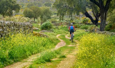 active senior woman cycling with her electric mountain bike in the rough landscape of National Parc Serra de So Mamede near Marvao in central Portugal, Europe