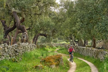 active senior woman cycling with her electric mountain bike in the rough landscape of National Parc Serra de So Mamede near Marvao in central Portugal, Europe