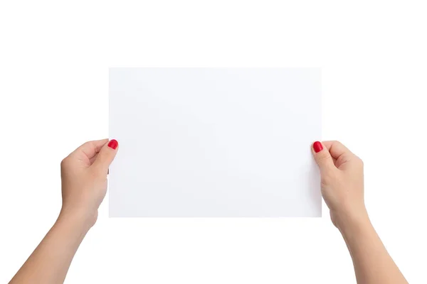 Folha Branco Papel Mãos Femininas Papel Limpo Para Apresentação Texto — Fotografia de Stock