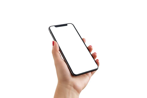 Smartphone Met Inkeping Vrouwenhand Close Geïsoleerd Scherm Achtergrond Het Wit — Stockfoto