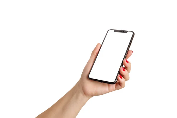 Kobieta Ręka Gospodarstwa Telefon Pustym Ekranem Białym Izolowanym Tle — Zdjęcie stockowe