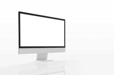 Beyaz yüzeyde yansımalı modern bilgisayar görüntüsü. Web sayfası modelleme promosyonu için izole ekran