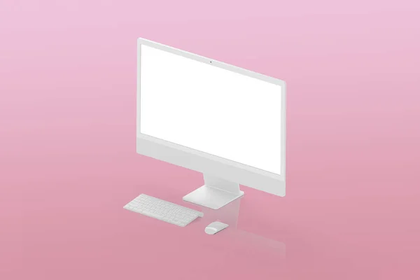 Izometrický Bílý Displej Klávesnice Myš Růžovém Povrchu Izolovaná Obrazovka Pro — Stock fotografie