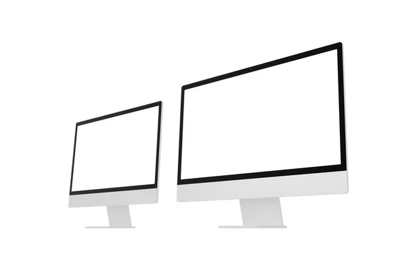 Két Modern Számítógép Kijelzők Elszigetelt Képernyő Alkalmazás Vagy Weboldal Promóciók — Stock Fotó