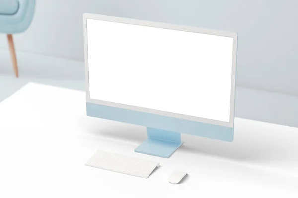 アプリやWebページのプレゼンテーションのための白い画面を持つ現代的な青のコンピュータディスプレイ キーボードとマウスで白い机をきれいに — ストック写真