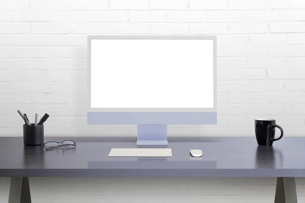 Σύγχρονη Οθόνη Υπολογιστή Στο Γραφείο Μεμονωμένη Οθόνη Για Την Προώθηση — Φωτογραφία Αρχείου