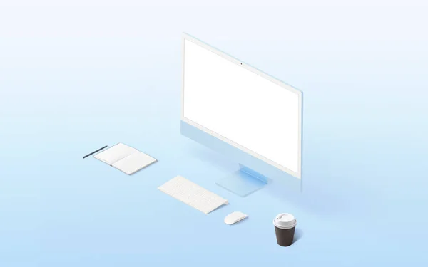 Bilgisayar Ekranı Klavyesi Faresi Defteri Kalemi Kahve Fincanı Olan Isometric — Stok fotoğraf