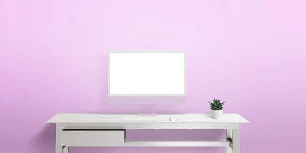 Számítógép Kijelző Fehér Munkaasztalon Elszigetelt Képernyővel Weboldal Bemutatásához Rózsaszín Fal — Stock Fotó