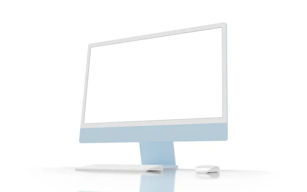 キーボードとマウスの横に机の上に近代的な青のコンピュータディスプレイ モックアップのための隔離された画面と背景 — ストック写真