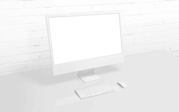 背景にレンガの壁と作業机の上に白いコンピュータディスプレイ モックアップ アプリ またはWebページプレゼンテーションのための独立した画面 — ストック写真