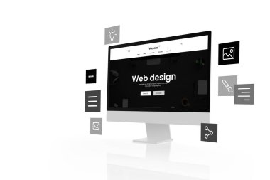 Düz siyah ve beyaz web tasarımı stüdyo sayfası düzeni modern bilgisayar ekranında uçan sayfa düzeni modülleri kavramı ile