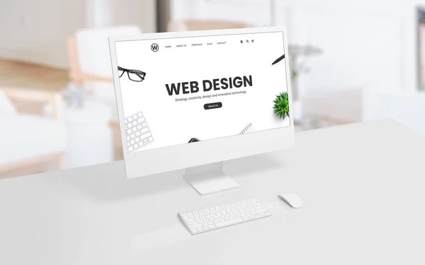 Vit Datorskärm Ett Kontor Eller Studio Skrivbord Med Ett Webbdesignkoncept — Stockfoto