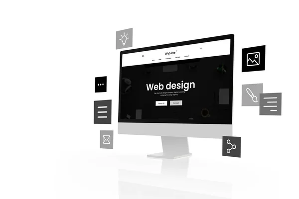 Планировка Черно Белой Страницы Студии Веб Дизайна Современном Компьютерном Дисплее — стоковое фото