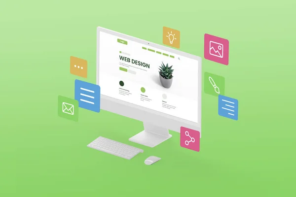设计一个创造性的网站概念 以等距位置显示 网页模块在绿色背景下环绕显示屏飞行 — 图库照片