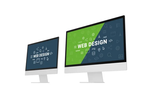 Концепция Студии Веб Дизайна Двумя Компьютерными Дисплеями Надписями Веб Дизайна — стоковое фото