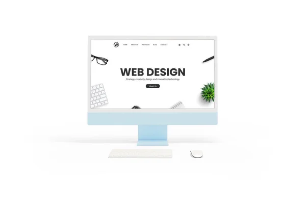 Isolierter Weißer Computermonitor Mit Webdesign Studio Konzeptseite Der Frontansicht Tastatur — Stockfoto