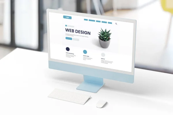 Modern Computer Display Office Desk Web Design Studio Concept Page — Stock Photo, Image
