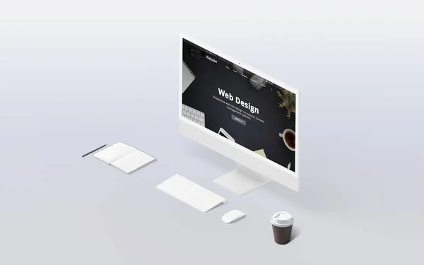 現代的なディスプレイ 創造的なデジタルレンダリングを強調したウェブデザインスタジオの等価性ビュー — ストック写真