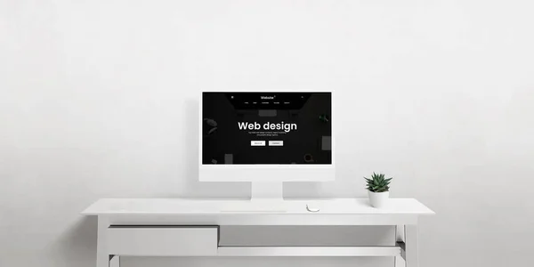写字台上计算机显示的最简约工作空间的前视图 突出显示网页设计 Ui和数字渲染 — 图库照片