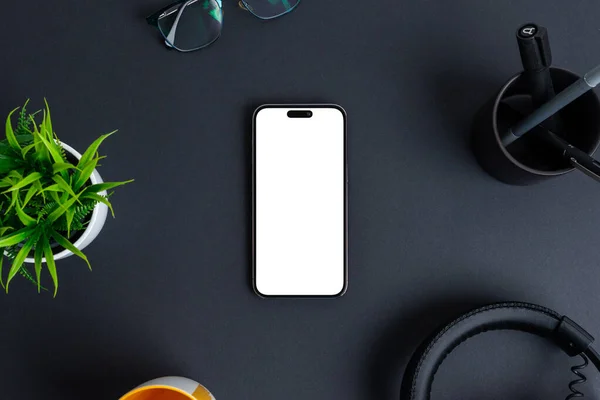 Telefoonmodel Zwart Bureau Geïsoleerd Scherm Het Wit Voor App Design — Stockfoto