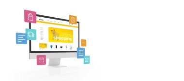 Ekommerce web sayfası konseptinde çevrimiçi metin alışverişi yapan bilgisayar görüntüsü. Uçan alışveriş simgeleri ve fotokopi alanı. İzole edilmiş