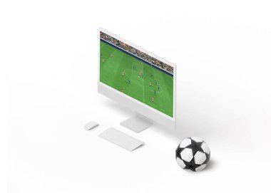 Futbol maçı ekranda. Çevrimiçi spor etkinlikleri konsepti. Isome Manzarası. Futbol topu yanında.