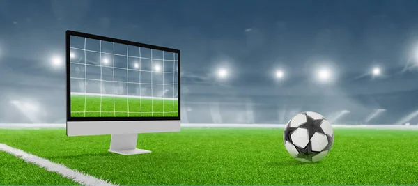 Visualizzazione Computer Obiettivo Concetto Rete Stadio Calcio Sullo Sfondo Pallone — Foto Stock