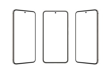 Küçük yuvarlak telefon ve ekranında küçük bir kamera var. Model ve uygulama sunumu için izole ekran ve arkaplan. Ön, sol ve sağ konum
