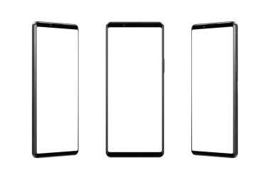 Büyük siyah akıllı telefon, beyaz olarak izole edilmiş, üç pozisyonda boş ekran. Dijital sunumların etkin pazarlanması için temiz beyaz arkaplan