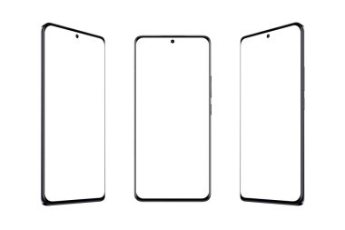 İnce ve yuvarlak kenarlı, izole ekran ve arkaplanı olan modern akıllı telefon. Gösteri üç pozisyonda. Uygulama sunumu için ekran modeli 