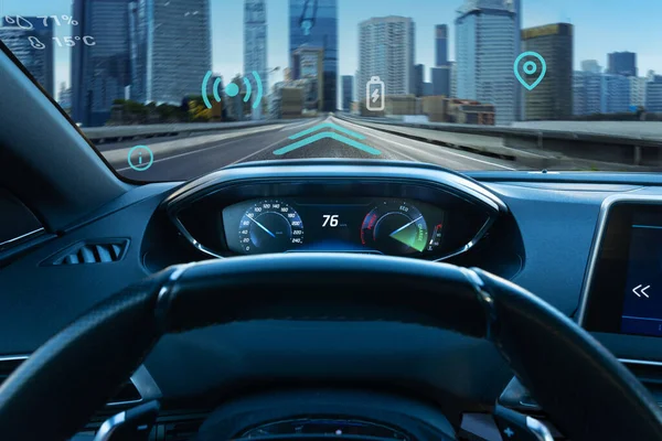Augmented Reality Autonavigatie Concept Zicht Van Bestuurder Stad Straten — Stockfoto