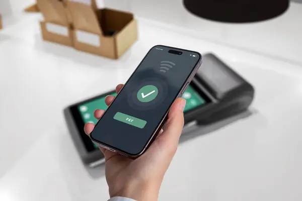 Mobile Phone Completes Payment Pos Terminal Showcasing Seamless Modern Transaction Stock Picture