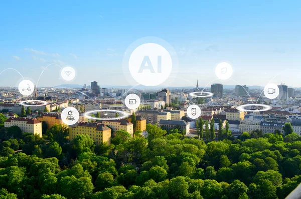 Modern smart city with artificial intelligence that controls the branches of life concept. Icons and network connections fly over the city