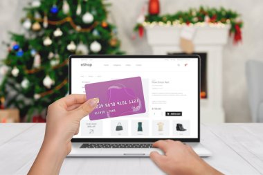 İnternetten kredi kartıyla Noel alışverişi. Noel ağacı ve arka planda şömine.